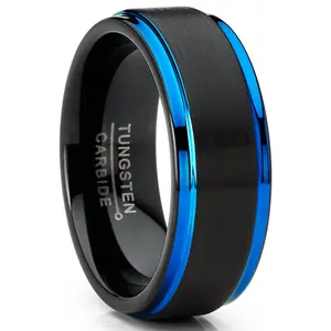 Men's Tungsten Carbide Wedding Band Ring Black Blue Edges 8MM Comfort-Fit Men's Tungsten Carbide Wedding Band Ring Black Blue Edges 8MM Comfort-Fit