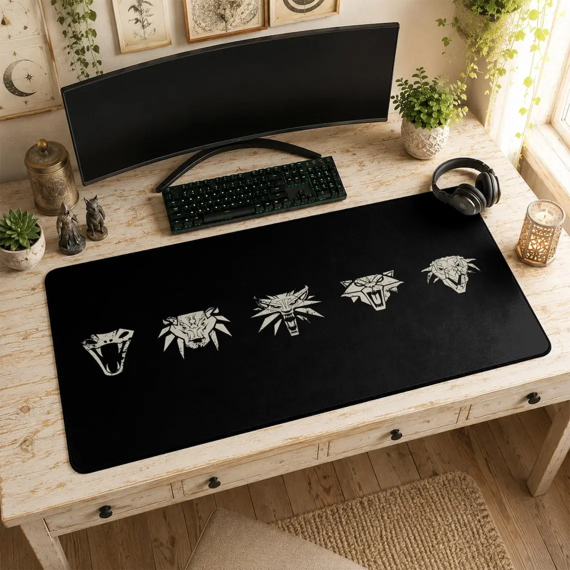 Witcher Mouse Pad | School Medallions Desk Mat, Wild Hunt Minimalist Dark Mat, Anime Mouse Pad, Desk Mat, pc accessories.