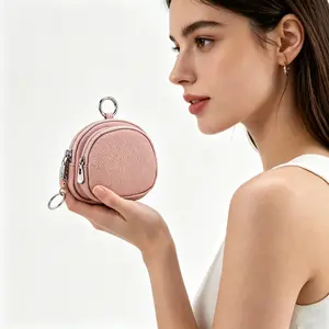 1pc Leather Double Zipper Coin Purse, Mini Key Pouch with Silver Hook, Multifunctional Storage Bag for Earphones and Lipstick, Compact Wallet Pouch for Women common Travel