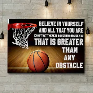 1pc framed - Basketball and "Believe in Yourself" motivational themed canvas wall art framed painting for interior perfect gift for Valentine's Day, President's Day