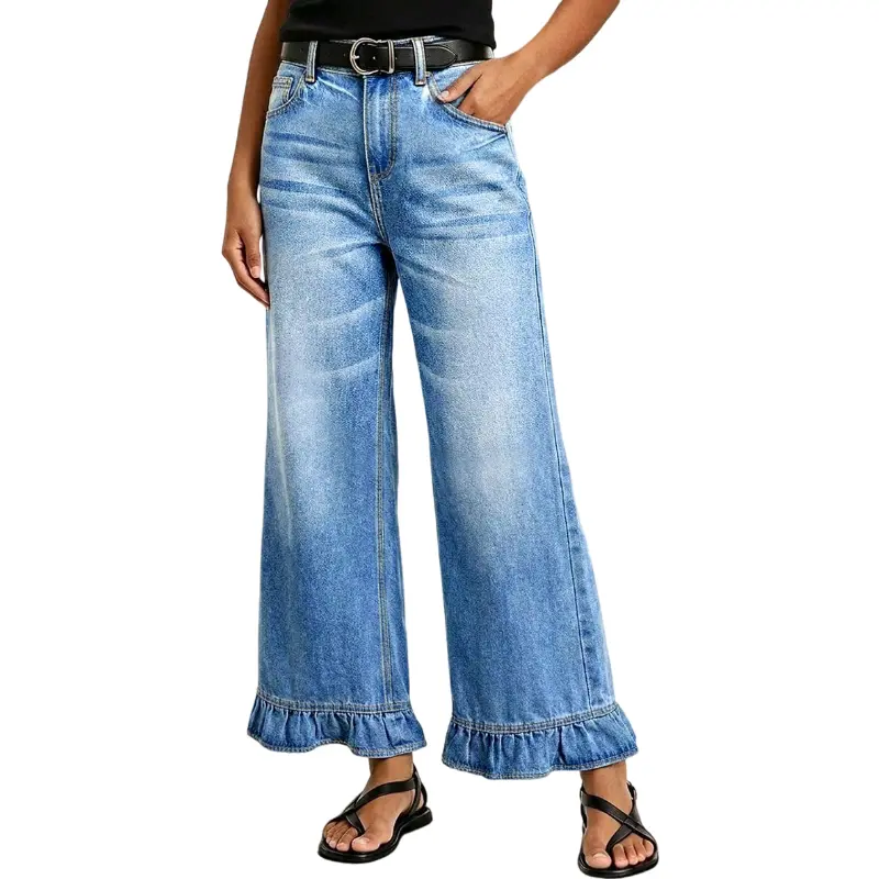 Flamingals Wash Ruffle Hem High Waist Wide Leg Crop Jeans Without Belt Stretchy 25.4'' Inseam
