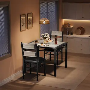 Modern Small Space 3-Piece Dining Table Set, Rustic Gray Wood Kitchen Table with Upholstered Chairs and Corner Protectors, Ideal for Apartment Dining Room