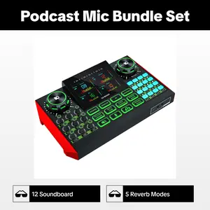 External Sound Card Podcast Microphone Bundle - Wired Condenser Mic, Audio Interface, Audio Mixer, Voice Changer with 12 Soundboard Effects, 5 Reverb Modes, Follow Singing for Streaming, Recording, PC & Phone