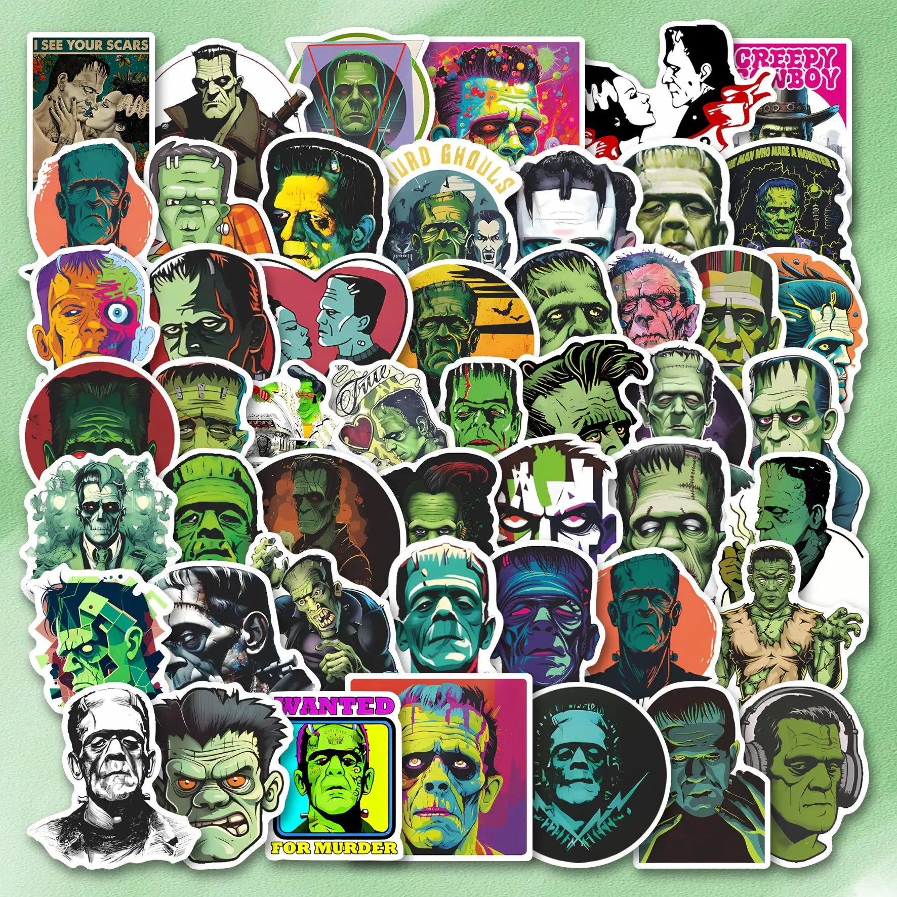 50Pcs Frankenstein Sticker Collage Pack, Waterproof Horror Movie & Classic Monster Decorative Art Stickers Vinyl Decals for Laptop, Water Bottle, Journal & Scrapbook, Stickers For Scrapbooking, Horror Fan Gift, Creative Craft Kit