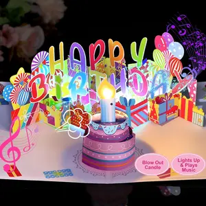 3D Pop-Up Birthday Card Music Box, Breathe-Activated Candle, Light Music Greeting Card, Creative Surprise Gift