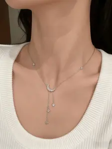 Elegant Silver Color Bling Necklace with Star Moon Fringe, Stunning Women's Jewelry Birthday Gift Accessory, Fashionable Pendant