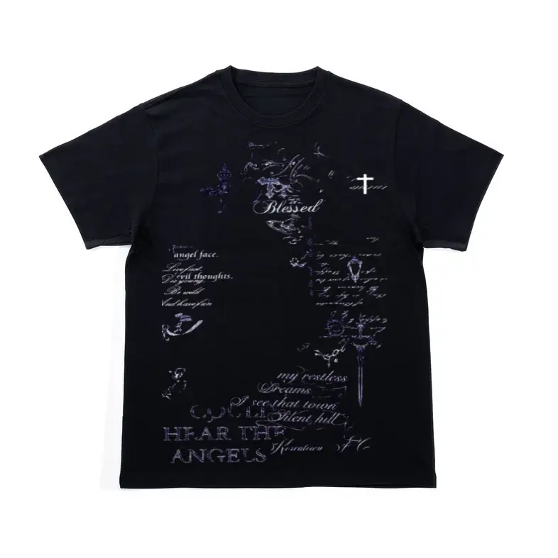 Gothic Angel Script T-Shirt, Y2K Grunge Blessed Cross Graphic Shirt, Vintage Aesthetic Streetwear Tee, Crew Neck, Short Sleeve, Cotton, Gift for Alt Him Her, Men And Womenswear Top