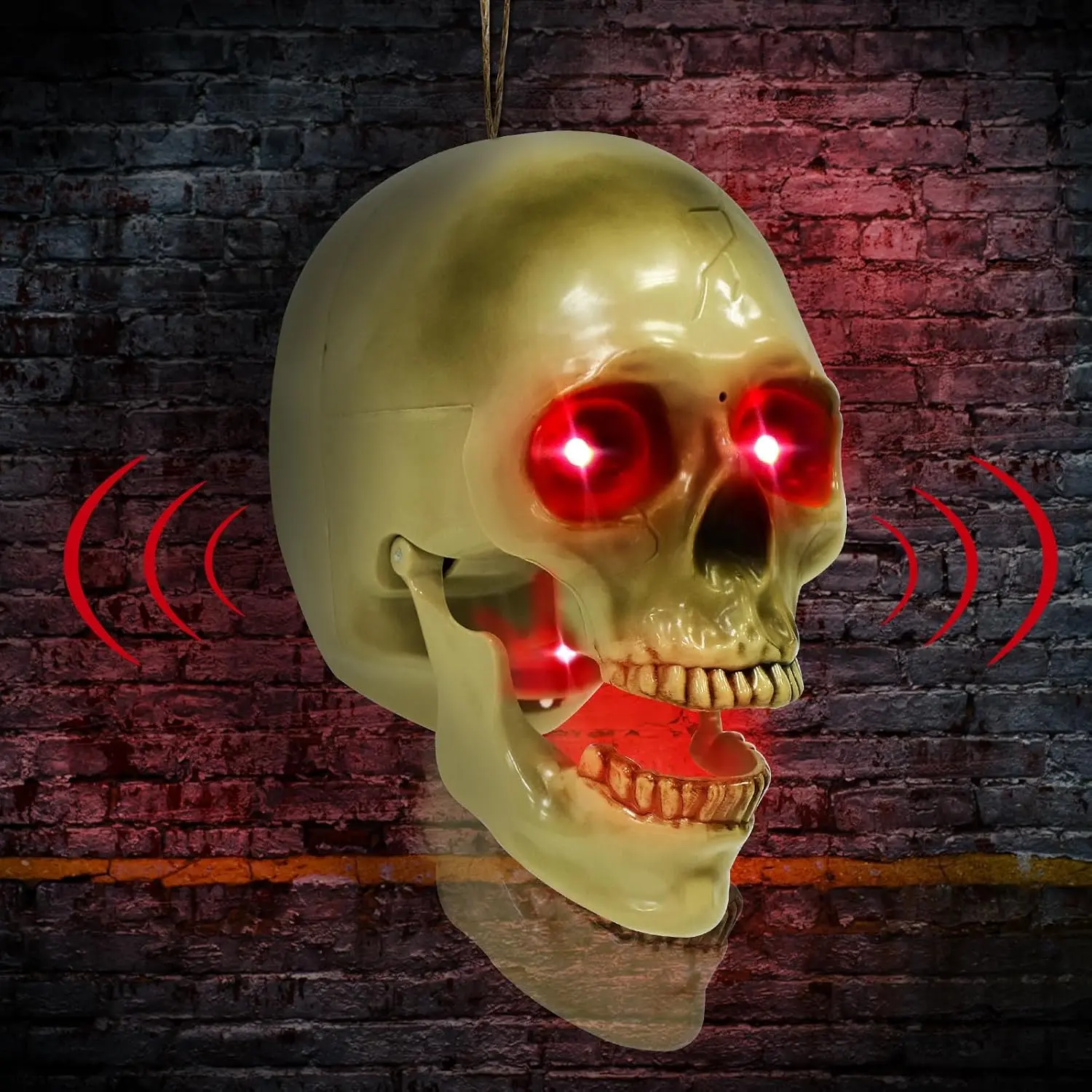 Scary Halloween Animatronic Talking Hanging Skull Head Decor, Sensor-Activated (Sound/Light), Red Glowing Eyes, Shaking Jaw, Spooky Sounds, Wall-Mounted for Indoor/Home, Haunted House Parties