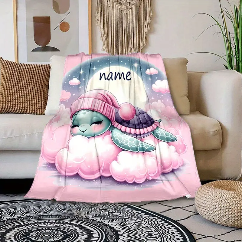 Personalized Pink Turtle Print Polyester Flannel Throw Blanket - Cozy, Custom Image, Soft Fluffy, All-Seasons, Contemporary, Machine Washable for Living Room Sofas, Beds | summerwins Flannel Blankets with Other Patterns, Room Decor