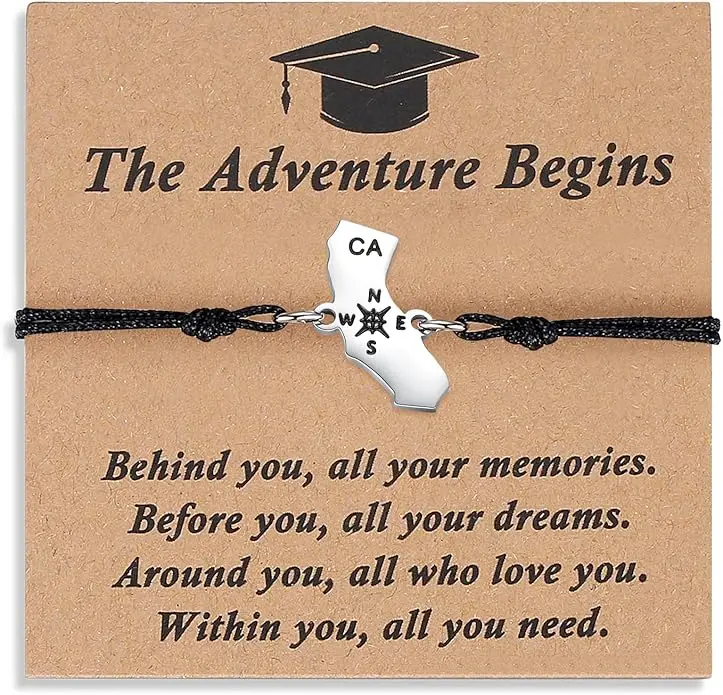 Unique Graduation Gifts - State Map Compass Charm, Graduation Cap Box, Adjustable Bracelet for 5th to 8th Grade Middle School to College Graduates