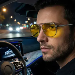 Men's Night Vision Anti-Glare Driving Sunglasses - Thin Gun Metal Double Bridge Square Pilot Frames, Yellow Tinted Lenses, Lightweight All-Weather Eyewear for Night Highway Travel