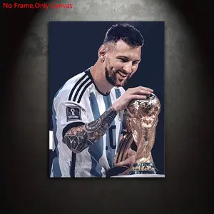 1 piece/set frameless canvas painting print poster, modern style digital art, Lionel Messi holding the trophy, a perfect gift for football culture enthusiasts, ideal gift for bedroom, living room, dorm hallway, kitchen, mural, wall decoration, room decor