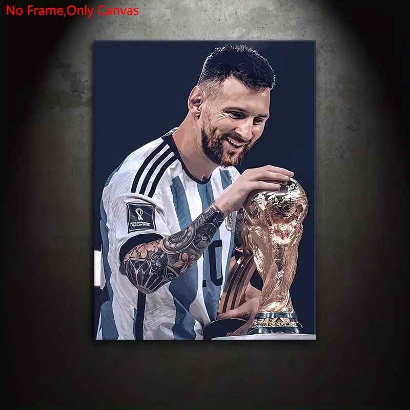 1 piece/set frameless canvas painting print poster, modern style digital art, Art Work For Wall Decor, Lionel Messi holding the trophy, a gift for football culture enthusiasts, bedroom, living room, wall decoration, Decorative Wall Art, Modern home decor