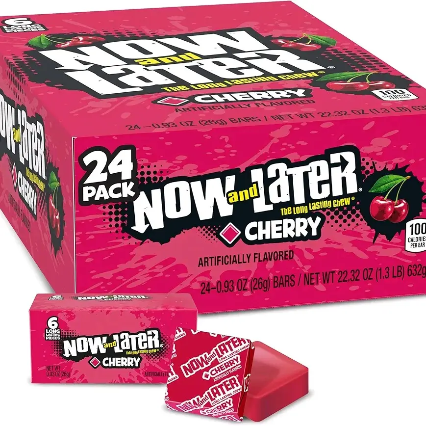 Now and Later Cherry Flavor Chewy Candies, 0.93 oz Individually Wrapped Bars (24 Count), Low-Sodium Sweet Tangy American Fruity Snack, Chewy Candy Treat, Fruit Flavored Candy