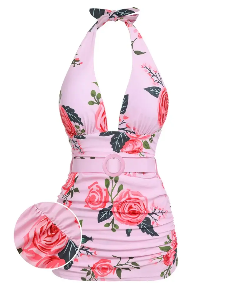 PINK 1930S ROSES HALTER BELT SWIMSUIT Floral One Piece, Retro Rose Printsummer outfits beach essentials vacation outfits Stylish Swimwear