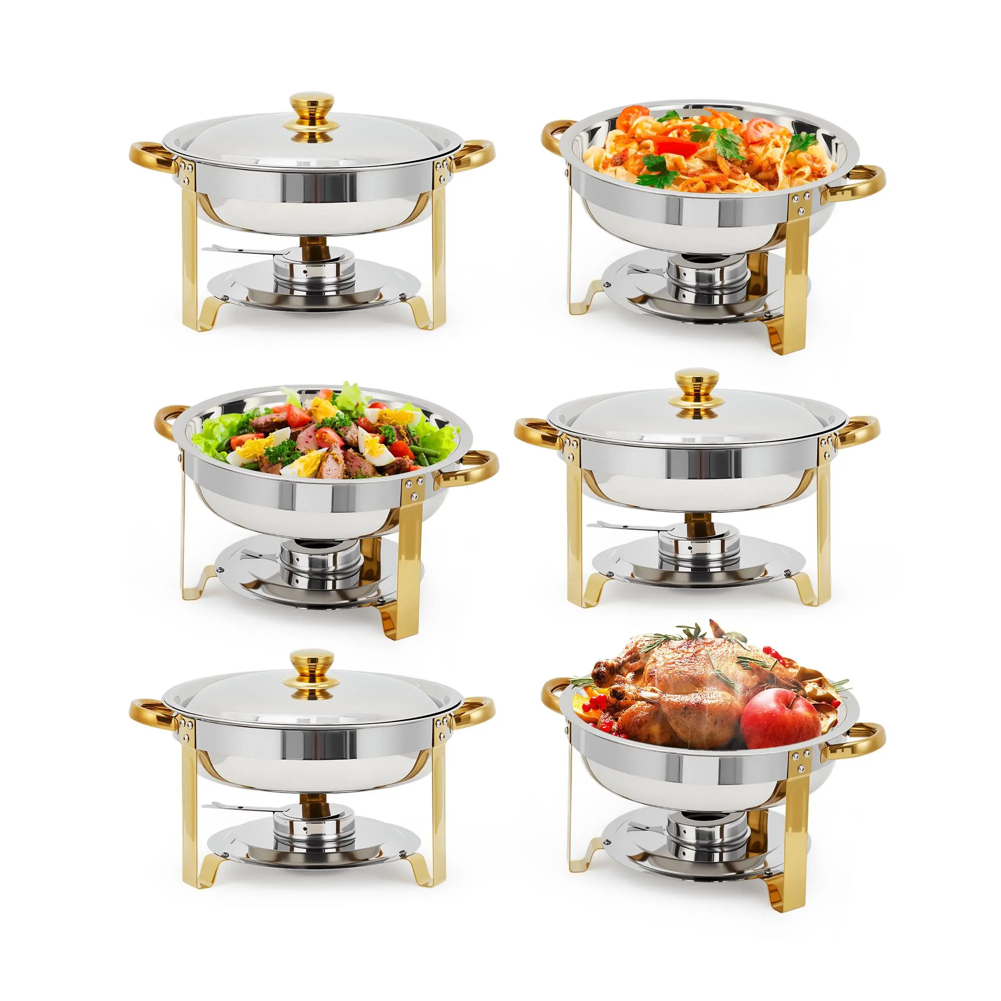 Classic Gold Stainless Steel Mirror Finish Chafing Dish Set - 6-Piece, 5 QT Stackable Serving Tray, Dual-Temp Round Kitchen Food Warmer with Lids & Fuel Holders - Professional Buffet Catering Equipment for Parties, Weddings