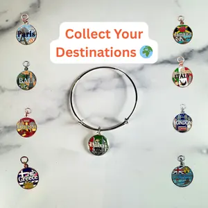 Wanderlust Classic Bangle – Country Charm Bracelet (Flag or Iconic Style) | Silver or Rose Gold