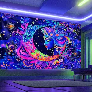 Moon & Star Pattern Tapestry, UV Reactive Black Light Tapestry, Elegant Goddess UV Reactive Sun Mandala Wall Hanging Tapestry, Decor, Home Bedroom Decor