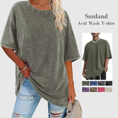 Sunland Women's Oversized 100% Cotton Acid Wash Crew Neck T-Shirt - Casual Loose Fit Basic Top for Party, Work, All Seasons Streetwear, Round Neck Sohochic