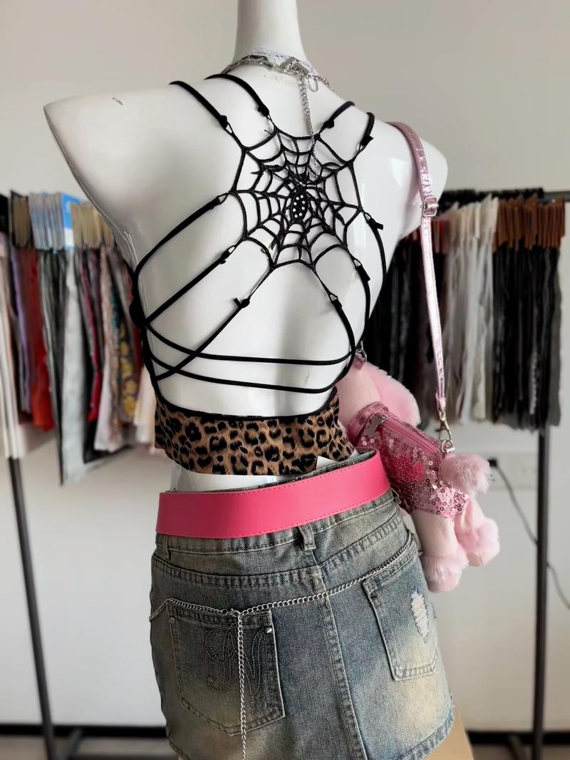 Alielnosirrah Dark Alt Spider Web Leopard Built-in Push-Up Bra Camisole Grunge Soft Goth Spandex & Nylon Gym & Rave Outfits Breathable Fabric Layering Piece