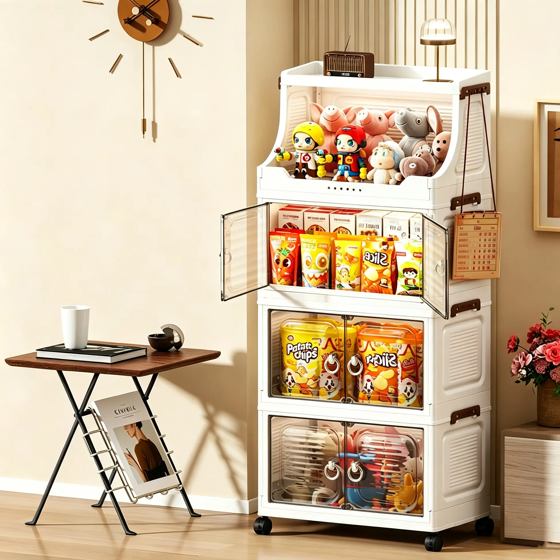 ABS Traditional Rectangle Plastic Storage Box with Lid - Collapsible Stackable Modular Set, Multi-Tiered Organizer with Built-In Open-Top Shelf, Magnetic Front Doors, Lockable Rolling Wheels, Collapsible Storage Bins for Clothes, Toys, Household Use