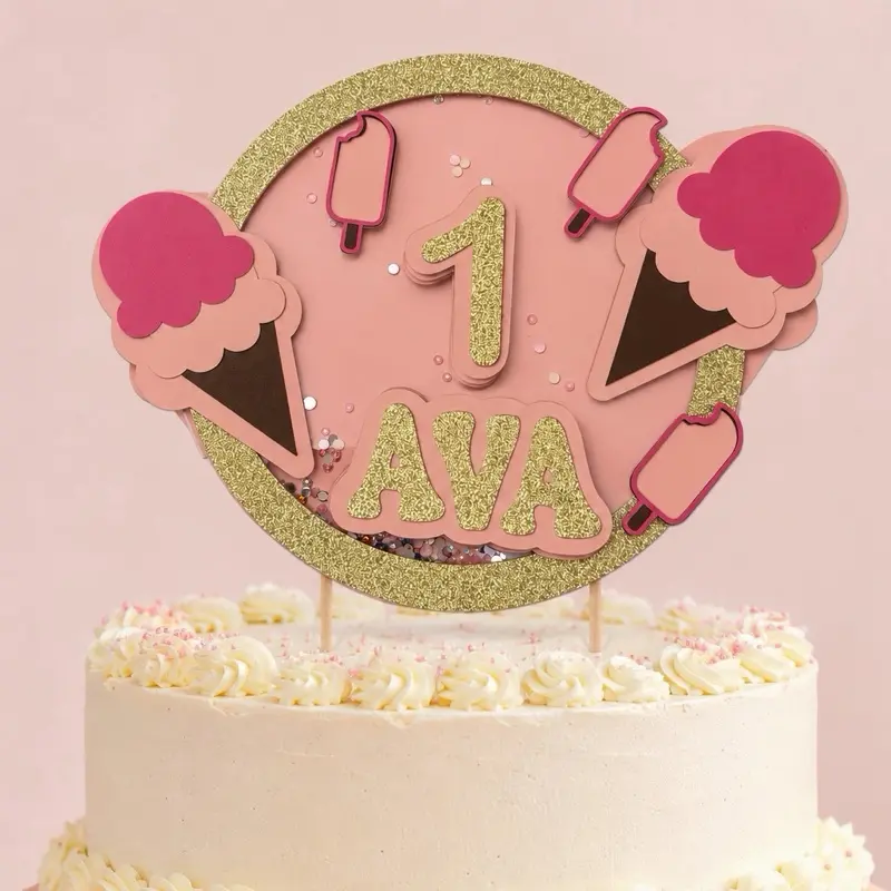 Custom Cardstock Cake Topper, Lightweight Creative Look Birthday Party Decoration with Ice Cream Design & Personalized Text, Home Decor Supplies Gift