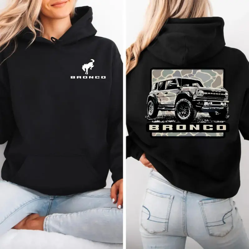 Bronco Camo Hoodie, 2 Sided Graphic, Unisex Shirt, Menswear, Men Shirt, Gift, Perfect For Off-Road Drivers, Full Size, Full Color