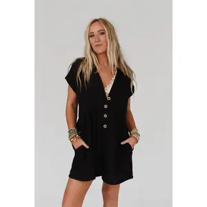 Relaxed Boho Romper - Black Lightweight Stretch Knit V-Neckline Button-Up Front Closure with Side Pockets Comfortable & Cute