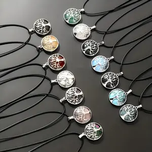 20Pcs Tree of Life Pendant Necklace Set - 10 Random Crystal Pendants + 10 Cords, Natural Stone Boho Charm Necklace, Spiritual Symbol Talisman, Handmade Craft, Versatile DIY Jewelry for Women, Gift for Spiritual Seekers