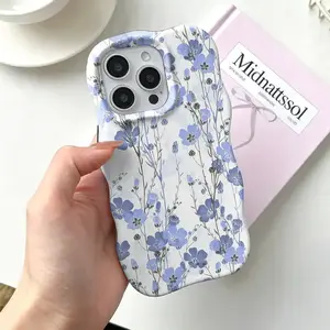 FLBL-Pastel Blue Flax Flower Wavy Edge Phone Case,Delicate Watercolor Floral Aesthetic Protective Cover for Coquette Girls For iPhone 17 Pro Max 16 15 14 13 12 11 | Bridgerton Core | Hard Outer Shell