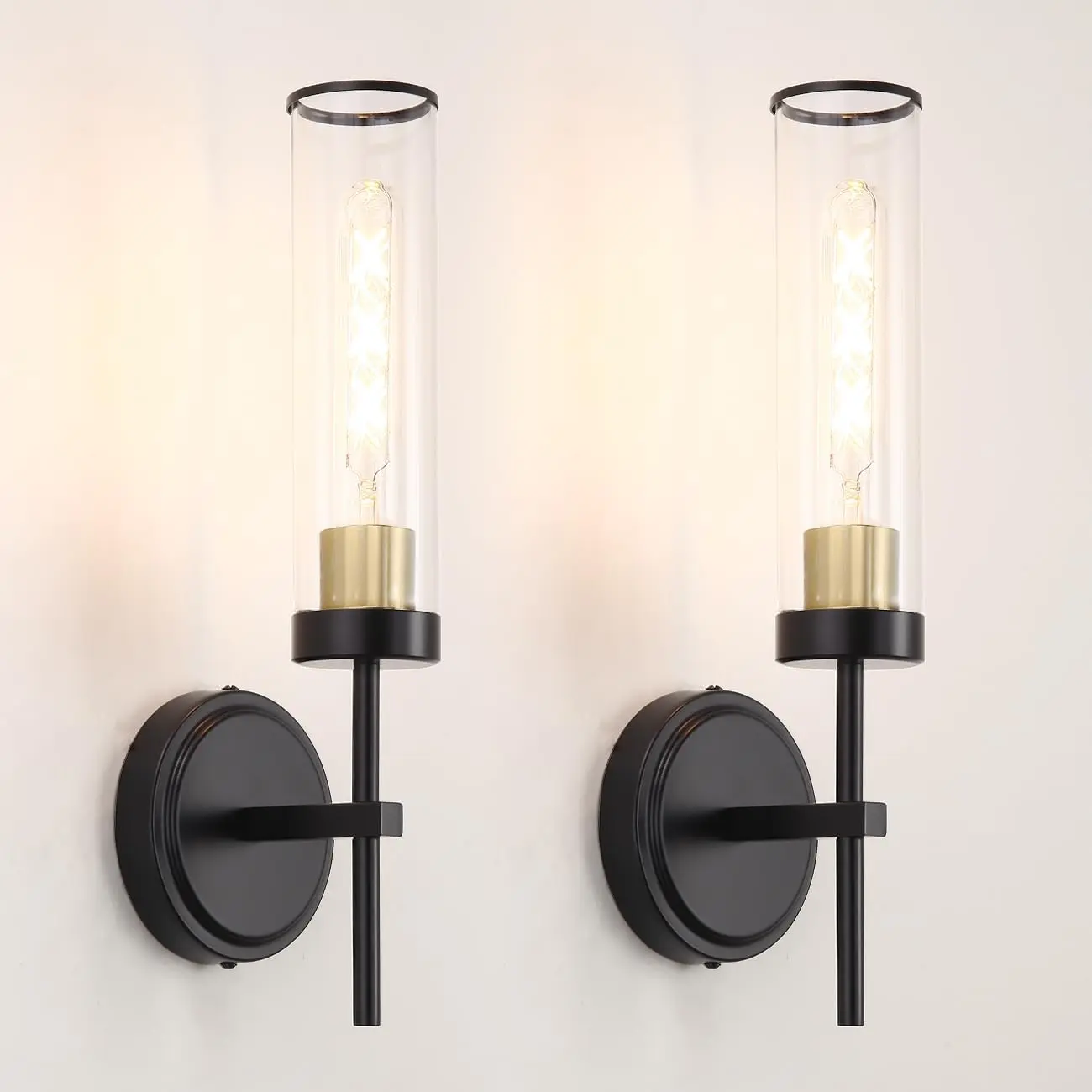 2-Piece Black and Gold Wall Sconces, Modern Farmhouse Indoor Wall Mount Lighting with Clear Glass, Home Improvement Fixtures for Bathroom Mirror, Bedroom