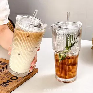 Large Capacity Glass Cup with Straw & Lid, 1 Count Clear Drinking Cup, Beverage Cup, Stylish Glass Cups, Drinking Glasses, Household Tea Cup, Coffee Cup, Drinkware, Tumblers