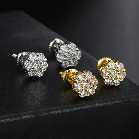 New Flower Earrings Copper Material Full Rhinestone Hip Hop Earrings, Trendy Street Fashion Jewelry for Men and Women, Casual Style, Trendy Fashionable Accessories