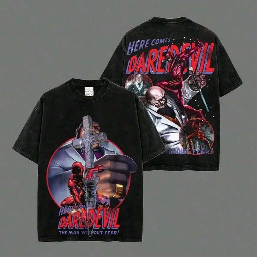 Vintage Daredevil ' The Man With Fear' MCU Comic Classic Heavyweight Acid Washed 100% Cotton T-Shirt, Superhero Graphic Tee, Comic Book Hero Design Apparel, Unisex Streetwear Gift For Superhero Fanssummer Outfits For Womenmens Clothes