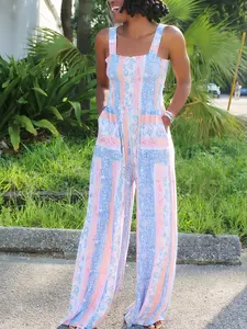 Spring Summer Vacation Style Floral Print Jumpsuit, Soft Stretchy Wide Leg Romper, Daily Casual Women's