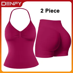 DENFY Two-Pieces Suit Impact Longline Strappy Top Impact Shorts  Sports Yoga Impact Gymwear Tanks Seamless Shorts