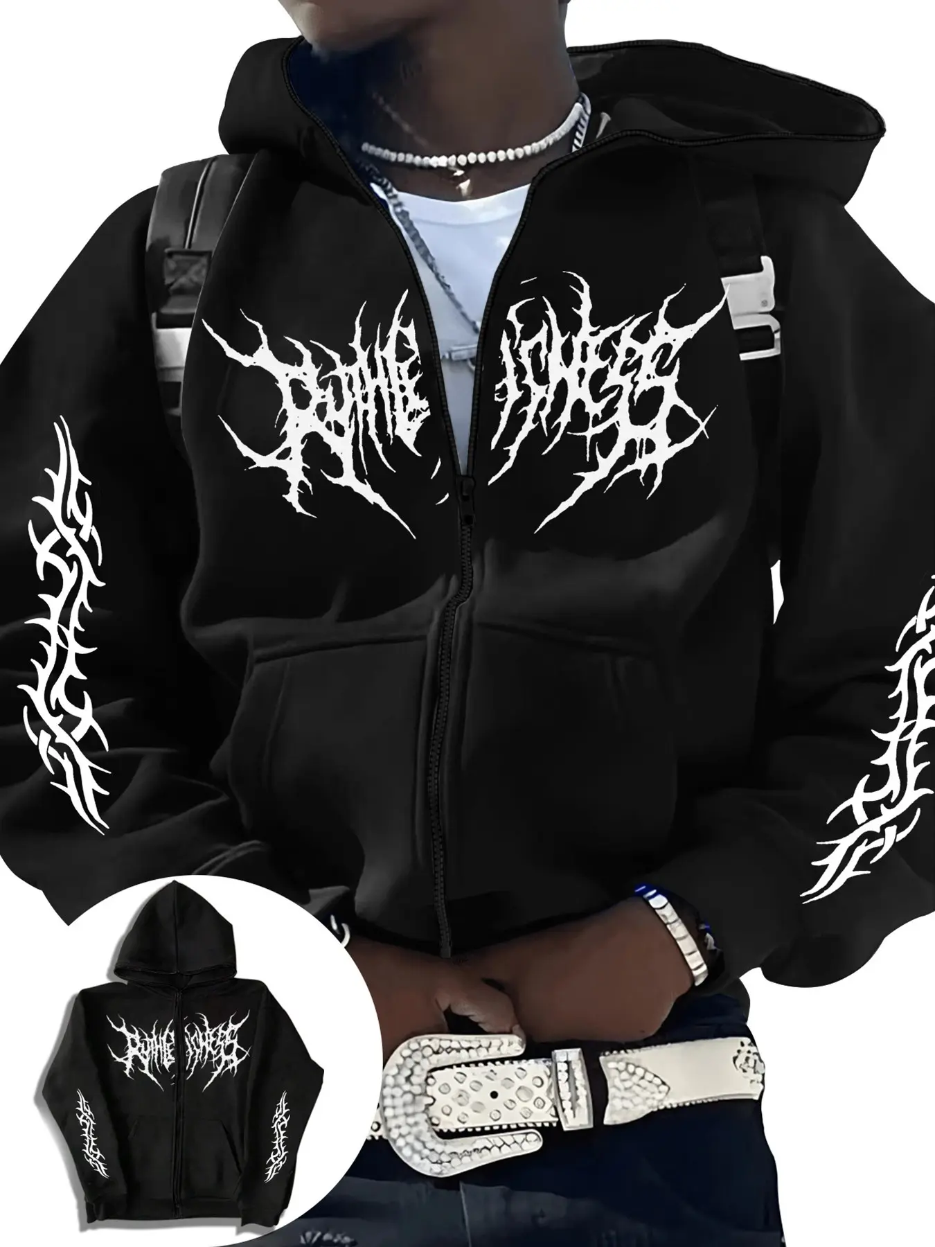 Men's Death Metal Font Zip Fitted Hoodie, Y2K Distressed Grunge Streetwear Street Style Jacket, Trendy Gothic Aesthetic Menswear Sweatshirt for Street & Daily Wear