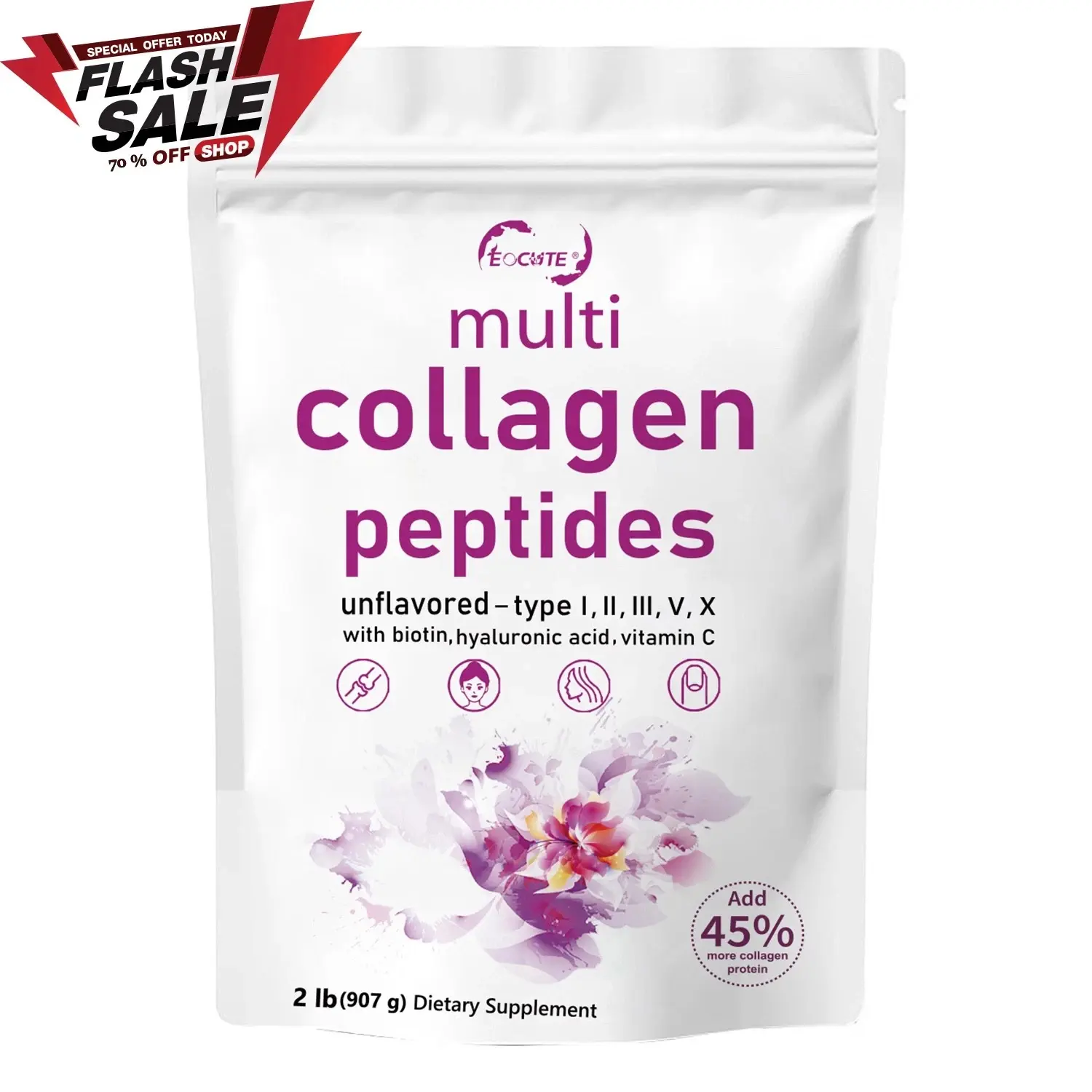 Multi Collagen Peptides Powder 2 lb – Types I II III V X | Hydrolyzed | Unflavored | Grass-Fed | Hair Skin Nails Joints Support
