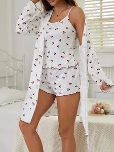 Women's Cherry Print Pajama Set, Sweet Halter Top + Shorts + Long Robe, Comfortable Home Wear, Casual Floral Fitted Sleepwear
