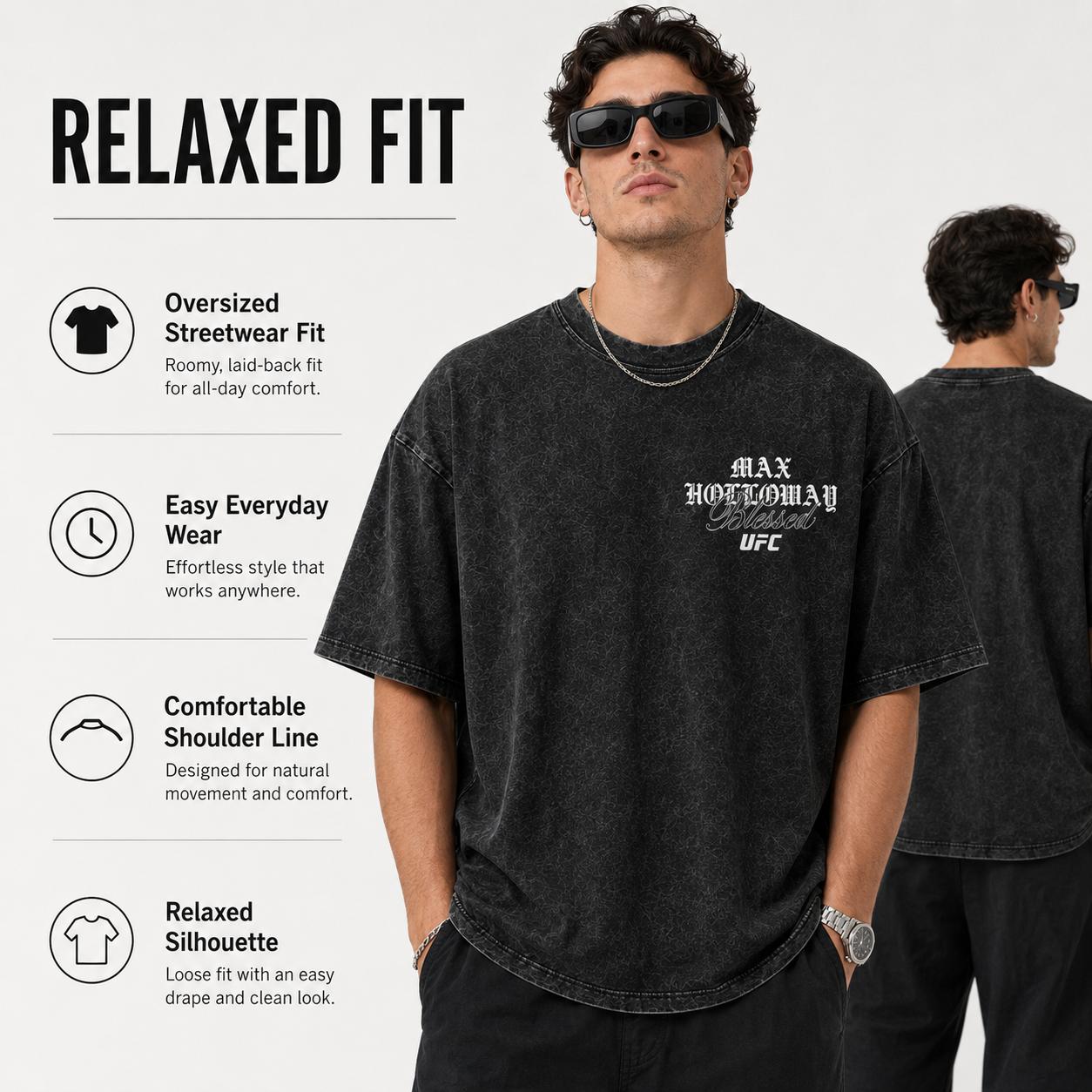 Men's Max Holloway Blessed Double-Sided Graphic Casual Short-Sleeve T-Shirt, UFC Hawaiian Floral MMA Fan Vintage Washed Menswear Top