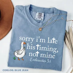 Comfort Colors Sorry I’m Late Bible Verse T-Shirt, Ecclesiastes 3 1 Christian Tee, Minimalist Silly Goose TShirt, Funny Faith Based Church Top