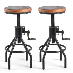 2-pc Adjustable Vintage-Style Industrial Chic Counter Stools with Swivel Round Wooden Top Metal Frame, 21.65"-25.59" Tall Easily Adjusts by Crank Handle, Steampunk Café Pub Party Bar Stools