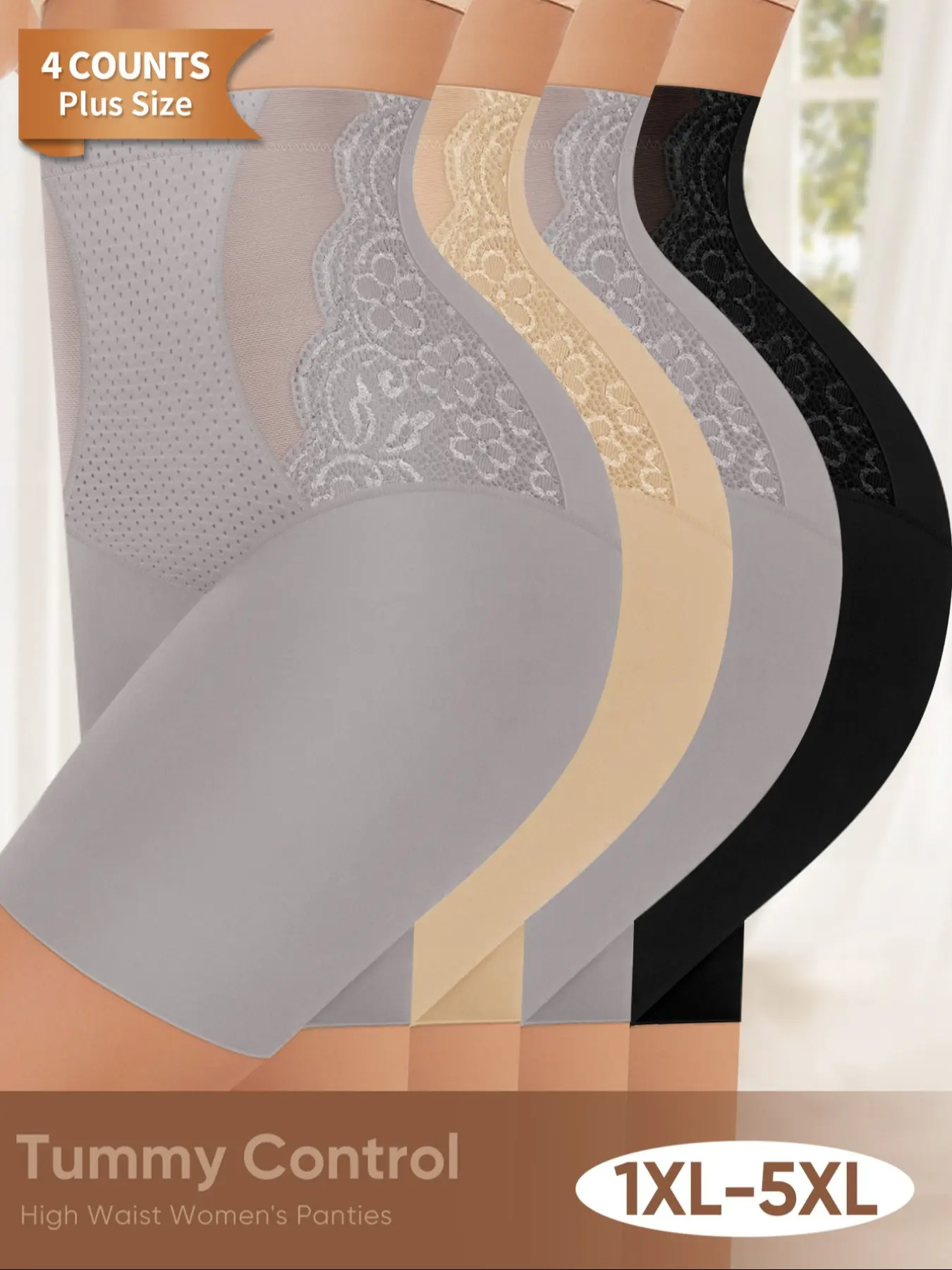 Morelect 4-Pack Plus Size Shapewear, High Waist Butt Lifter Pants, Breathable Seamless, Stretchy Bodycon, Sizes 1xl-5xl