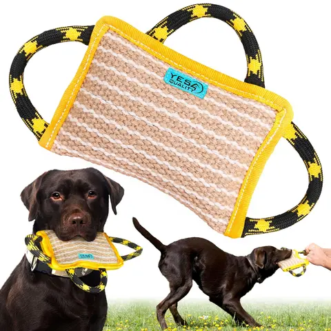 Medium-Large Dog Bite Pillow - High-Quality 2-in-1 Jute Durable Biting Pad & Tug Toy (10x7 in), 3 Comfortable Handles, Teeth-Safe Cushioning, for Indoor & Outdoor Games, Teaching Commands, Schutzhund Reward & Exercise