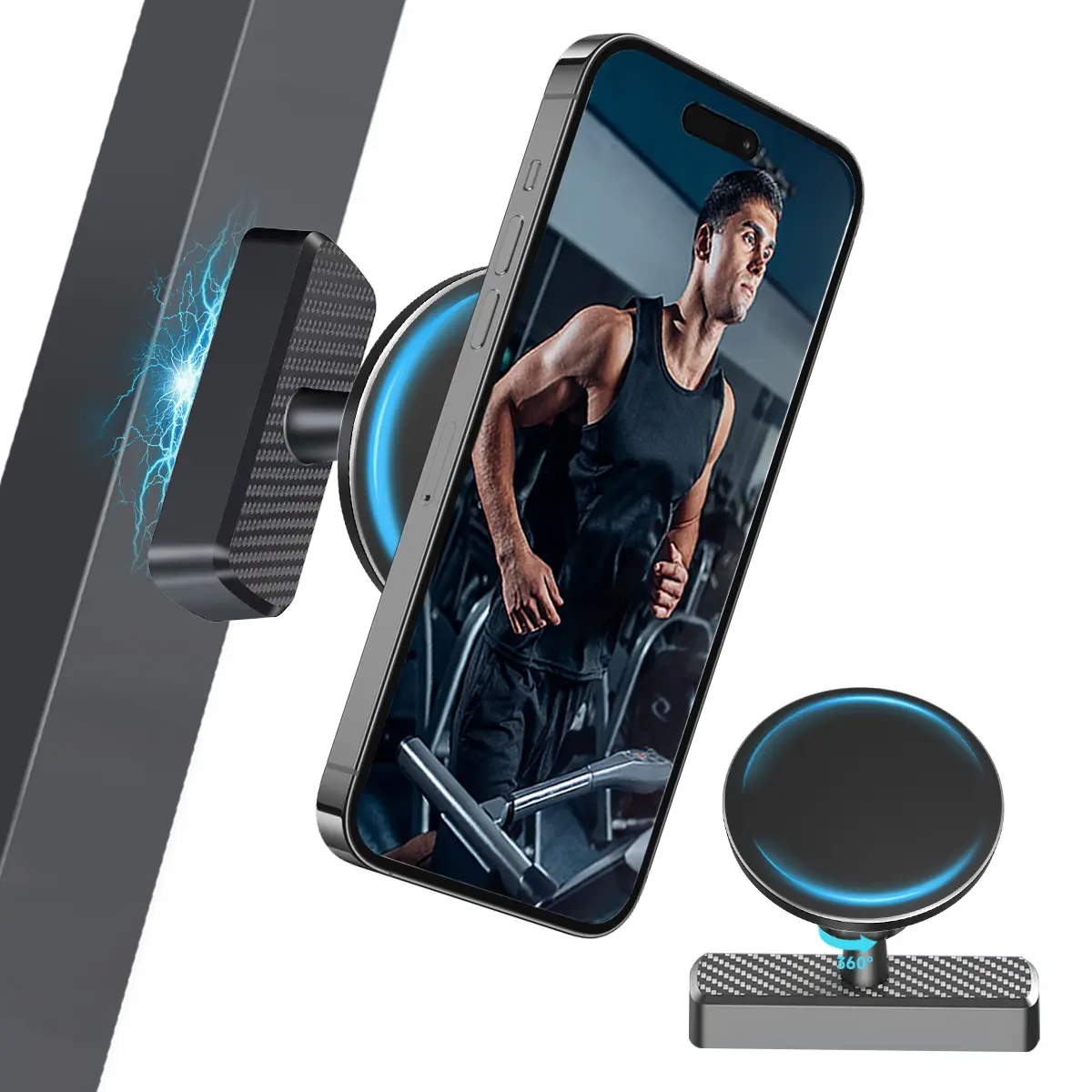 Magnetic Mobile Stand, Dual MagSafe Phone Holder & Mount for iPhone 12-17 Series, Gym-Use, Metal Surface-Attachable