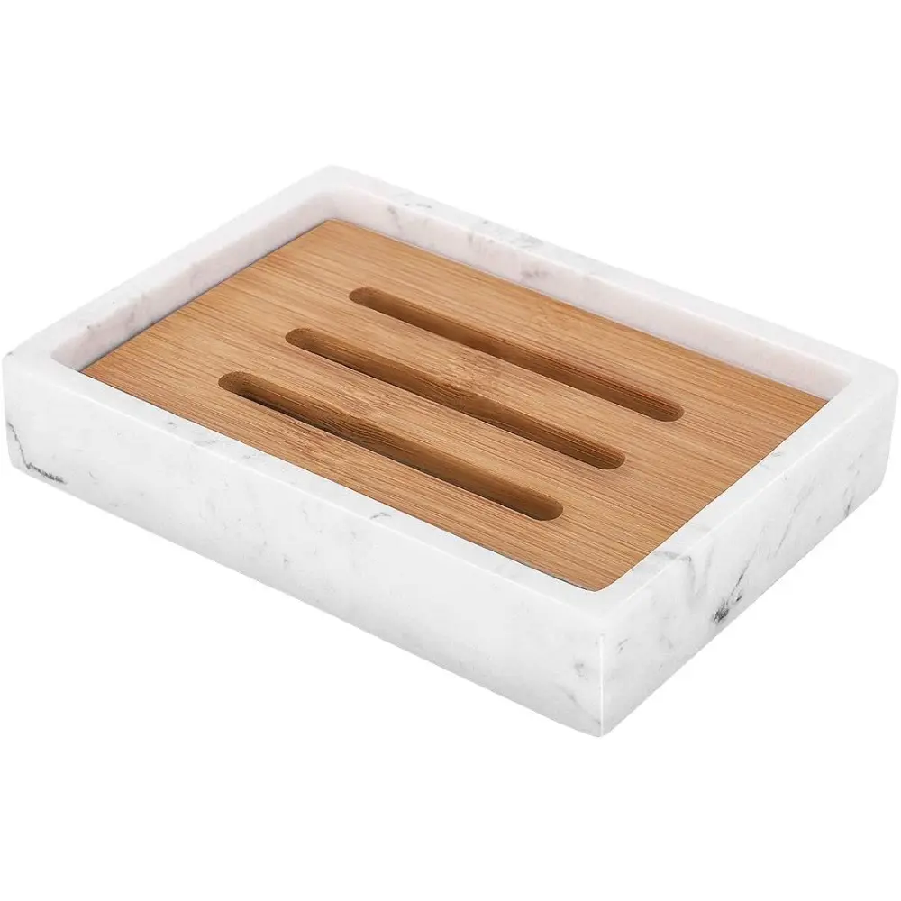 Soap Dish Tray, Resin and Bamboo Soap Bar Holder Box for Shower, Kitchen Sink and Bathroom, Double Layer Draining Soap Container, Wood Case with Marble Pattern