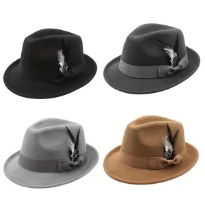 Feather-Trimmed Fedora Hat for Men and Women, Classic Short Brim Panama Trilby, Breathable Cotton Blend Unisex Hat