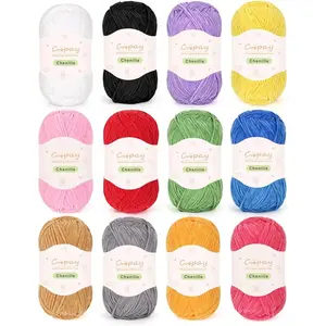 Skinny Chenille Yarn for Crocheting and Knitting, 12 Pack of 50g/1.76oz - 1764yd Total, Soft Crochet Yarn of Light Weight - Sutible for Colorful Crafts, Blankets, Plush Dolls and Baby Garments