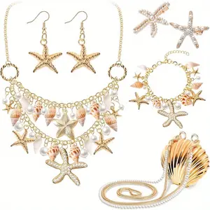 6 Pieces Women Mermaid Jewelry Starfish Necklace Bracelets Seashell Purse Summer Beach Earrings Hair Clip Costume Accessories(Golden, Starfish Style)