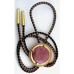 Rhodonite 32mm Round Cabochon Gold Mesh Bolo Tie Cord Tips EPBT317/101224
